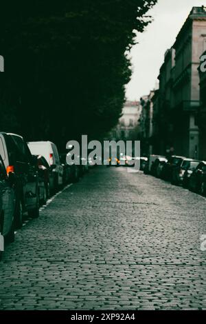 Paris, France. 1 May 2024 An old cobblestone road in old city goes into distance. An old street in an urban environment Cars parked along the sidewalk Stock Photo