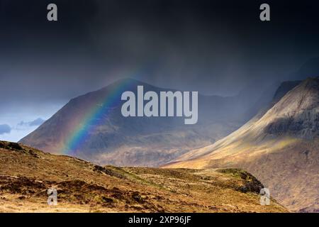 Storm clouds over the Cuillin Mountains from the Bealach na h-Airigh Mhùrraun on the north side of Glen Brittle, Isle of Skye, Scotland, UK Stock Photo