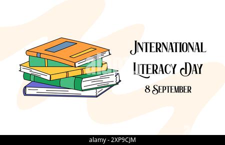 International Literacy Day banner 8 September celebration. Pile of books and text. Vector flat illustration. Holiday poster, card. Stock Vector