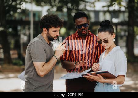 Multiracial business people in an outdoor meeting discussing growth strategies and analyzing statistics for sales and revenue improvement Stock Photo