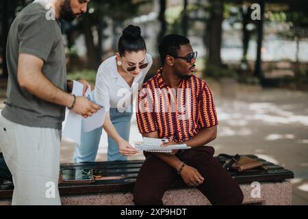 Group of young professionals collaborating on a project outdoors in an urban park setting Stock Photo