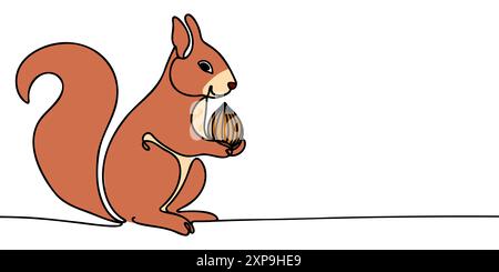 Continuous one line drawing squirrel sits eating nuts. Animals concept single line draw design graphic vector illustration. Stock Vector