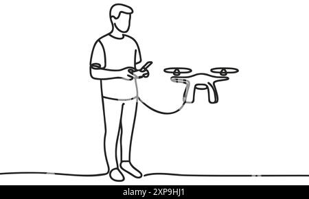Continuous one line drawing of man with remote control and flying drone. One line drawing illustration of man flying drone aircraft. Controlling moder Stock Vector