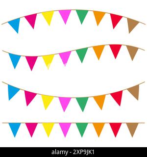 Colorful party bunting. Triangular vector flags. Bright festive decoration. Hanging on string. Stock Vector