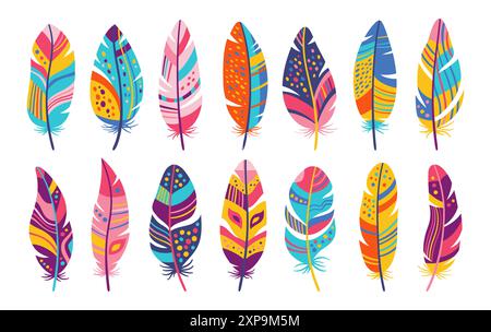 Feather cartoon fantasy set. Colorful stylized bird feathers with ethnic boho folk ornamental patterns. Elegant design decorated birds feathers, abstract naive art. Flat isolated vector illustration Stock Vector