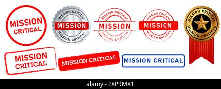 mission critical failure disruption business factor stamp collection template ribbon medallion medal rectangle shape blue black red gold color Stock Vector