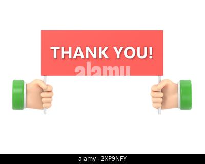 Cartoon Gesture Icon Mockup.Human hands holding red plate with words thank you,illustration in flat style.3D rendering on white background. Stock Photo