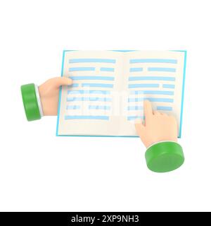 Cartoon Gesture Icon Mockup.Open book in hands,reading,education,3D rendering on white background. Stock Photo