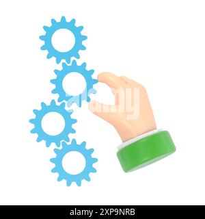 Cartoon Gesture Icon Mockup.Asset management concept. Set mechanism cogwheels. 3d illustration flat design. Businessman is holding a gear in hand. Stock Photo