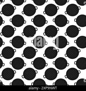 Round Grill pan with stripes and 2 handles Seamless pattern. Top view. Background or promo concept Isolated on white. Vector. Wrapping, wallpaper or web, cards, poster, price tag, label design idea Stock Vector