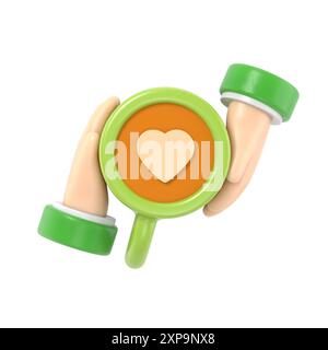 Couple in love women and man holding cup coffee with chocolate heart shape symbol. Happy Valentine's Day. Template for greeting card.3D rendering on w Stock Photo