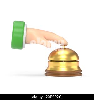 Male hand pressing service bell. Service bell,flat design style. 3d illustration. Customer at reception presses the call button. Bell hotel.3D renderi Stock Photo