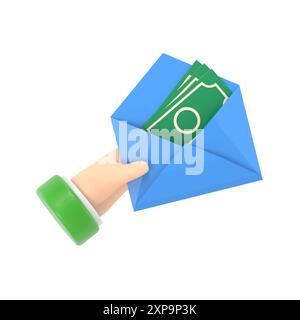 Money in envelope hold in hand businessman. Cash american dollars. Financial gift.3d illustration flat design. Finance concept. Open paper envelope wi Stock Photo