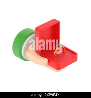 Proposal marriage.3d illustration isometric 3d design. Man is holding in hand an open box with a wedding ring and diamond.3D rendering on white backgr Stock Photo