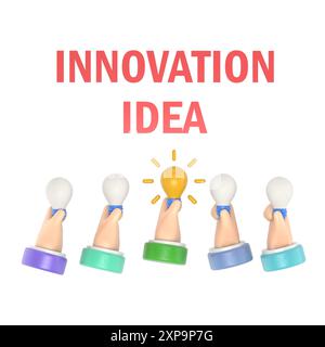 Unique idea. Hand holding lightbulb concept. Solution innovative technology. 3d illustration flat style design. Electric lamp as symbol of creativity. Stock Photo