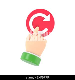Reboot concept. Restarting technology. Hand to push big red button. 3d illustration flat design.3D rendering on white background. Stock Photo