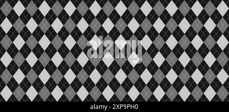 Black, grey and white seamless argyle pattern. Rhombus repeated texture background. Stitched diamond forms for textile design, fabric print, wrapping paper, clothes pattern design. Vector wallpaper Stock Vector