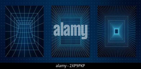 Set of Abstract 3D Wireframe Tunnels on Grid Background Stock Vector