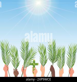 Palm Sunday greeting banner for the Christian holiday. Hands hold palm branches and leaf crosses. Congratulations on the first day of Holy Week and th Stock Vector