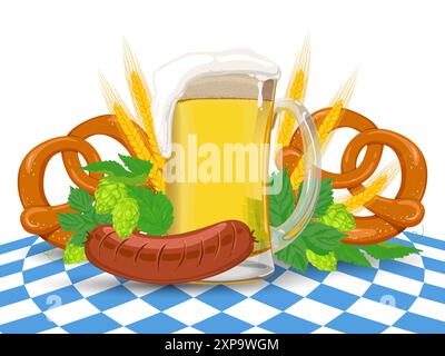 The traditional symbols of the German festival Oktoberfest. A glass of light beer, sausage, hops, barley cobs and a pretzel on a blue and white tablec Stock Vector