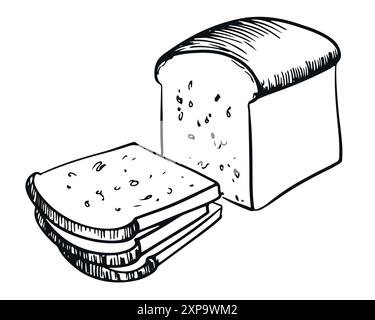 Hand drawn vector illustration of fresh wheat bread. Soft white bread is cut into pieces for toast. Infographic symbol, packaging label, bakery logo, Stock Vector
