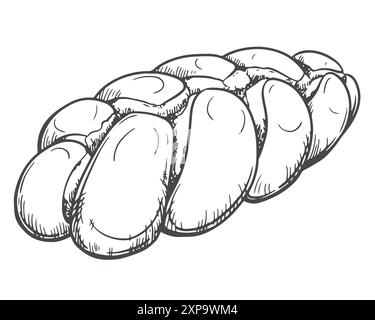 Challah bread vector. Element of the Shabbat Kiddush ceremony. Freshly baked homemade braided challah bread for Shabbat. Line sketch in engraving styl Stock Vector