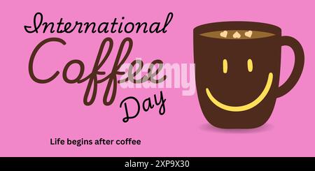 International coffee day, vector, Isolated on Pink Color Background, Cup of coffee with Happy Emoji decoration and sprinkle forming heart shape, Stock Vector