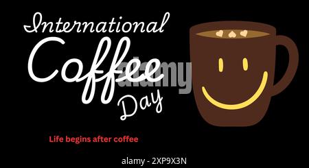 International coffee day, vector, Isolated on Black Color Background, Cup of coffee with Happy Emoji decoration and sprinkle forming heart shape, Stock Vector