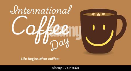 International coffee day, vector, Isolated on Black Color Background, Cup of coffee with Happy Emoji decoration and sprinkle forming heart shape, Stock Vector