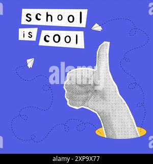 Trendy halftone collage hand with finger up. School is cool. Back to school concept. Card with education concept on blue dotted background. Vector illustration Stock Vector