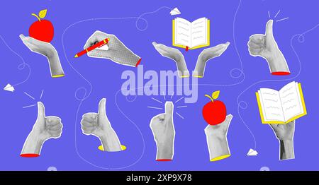 Trendy halftone collage hand with apple, pen, book, finger up. Knowledge, back to school, education, wisdom and study concept. Contemporary vector illustration Stock Vector