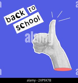 Trendy halftone collage hand with finger up. Back to school concept on blue dotted background. Education, wisdom and study. Contemporary vector illustration Stock Vector