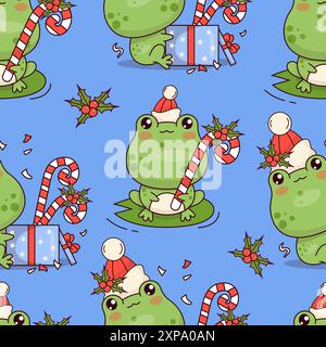 Seamless pattern with Christmas frogs with striped candy cane with holly and gift box on blue background. Cute festive kawaii animal character. Vector Stock Vector