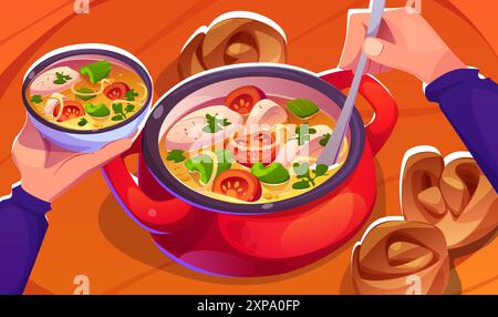Male hands pour fresh cooked soup from pan into bowl. Top view on wooden table with liquid dish in pot with broth, tomato and celery, egg and herbs, baked buns or bread on tabletop. Cartoon vector. Stock Vector