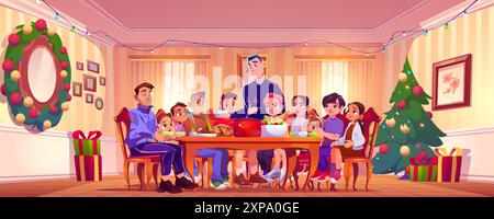 Big family having holiday dinner on Christmas. Cartoon vector illustration of man and woman, children and teenagers sitting at table and eating dishes in home room interior with decorated Xmas tree. Stock Vector