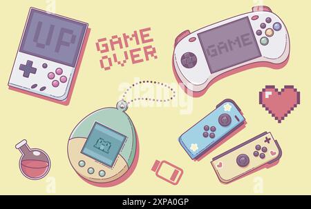 Retro video gaming devices isolated on background. Contemporary vector cartoon illustration of vintage gadgets with display and buttons for playing 80s arcade game, gamepad console, computer joystick Stock Vector