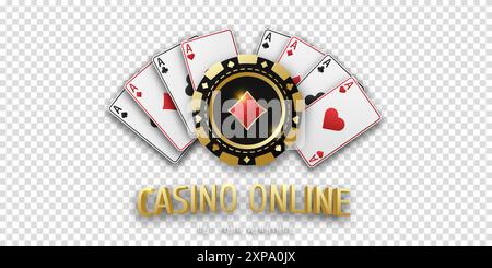 Casino online. Gambling token with suit diamonds. Concept poker or casino. Realistic playing chip coin and playing ace cards of all suits. Banner for Stock Vector