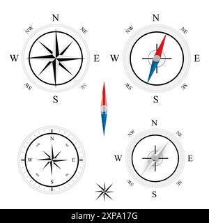 Compass set icons, navigation equipment sign, flat nautical chart wind rose icon, north, east, south, west, compass symbol collection, geographical po Stock Photo