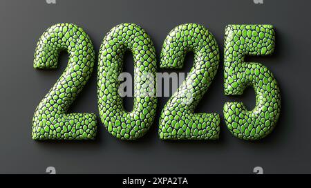 The year is 2025 and it is written in snake skin. The letters are large and bold, making them stand out against the darkbackground. Generative AI Stock Photo