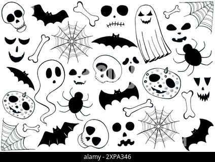 Doodle set of different Halloween elements. Black on a white background. Skulls, ghosts, bats, bones, web, spiders, pumpkin, scary faces. Contour drawings or filling. Different forms and stylization. Stock Photo