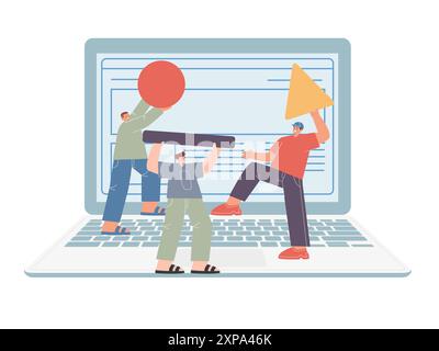 Landing page website design creation together by team of professional designer large screen laptop Stock Vector
