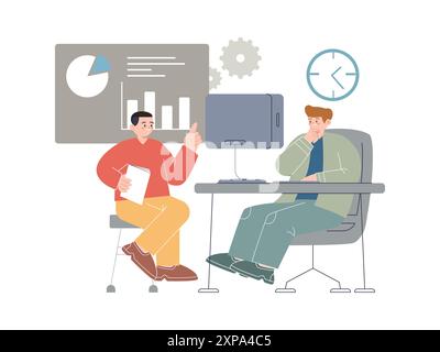 briefing with a client brief talk talking communicate communication interaction social problem solving collaboration work together job creative two Stock Vector