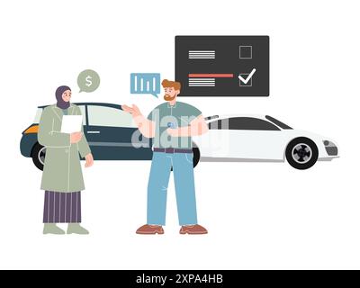 choosing a car make decision choose chose vehicle new car automotive automobile lifestyle design purchase buying pay select decide character icon Stock Vector