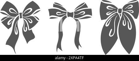 Ribbon bow with knot for gift and hair. Vector icons and doodle black silhouette. Hand drawn flat design for birthday and Christmas holidays presents Stock Vector