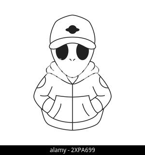 Y2k fashion alien futuristic UFO street style contemporary pop art outline icon vector flat illustration. Science fiction humanoid portrait in cap and Stock Vector