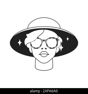 Y2k modern woman witch sorcerer in magic hat portrait pop art outline icon vector flat illustration. Psychedelic female wizard in eyeglasses and mysti Stock Vector