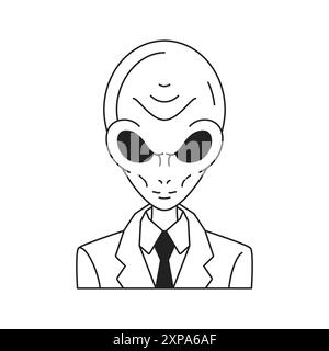 Y2k psychedelic alien in business suit portrait contemporary pop art outline icon vector flat illustration. Surreal hallucinogen UFO humanoid business Stock Vector