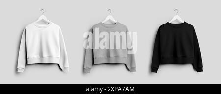 Mockup of white, black, heather crop sweatshirt on hanger, women's casual clothing with round neck, isolated on background, front view. Stylish long s Stock Photo