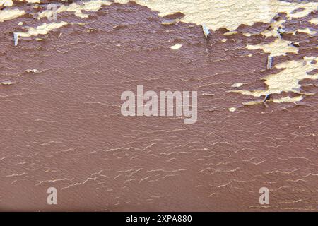 Close-up of peeling paint on cracked leather surface. Textured background for design and print. Stock Photo