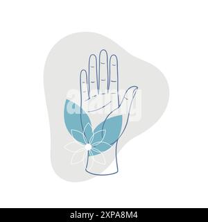 Womans hand is surrounded by leaves and flower, beauty design element, care and spa procedures, beauty and manicure salon, logo or icon. Vector illust Stock Vector